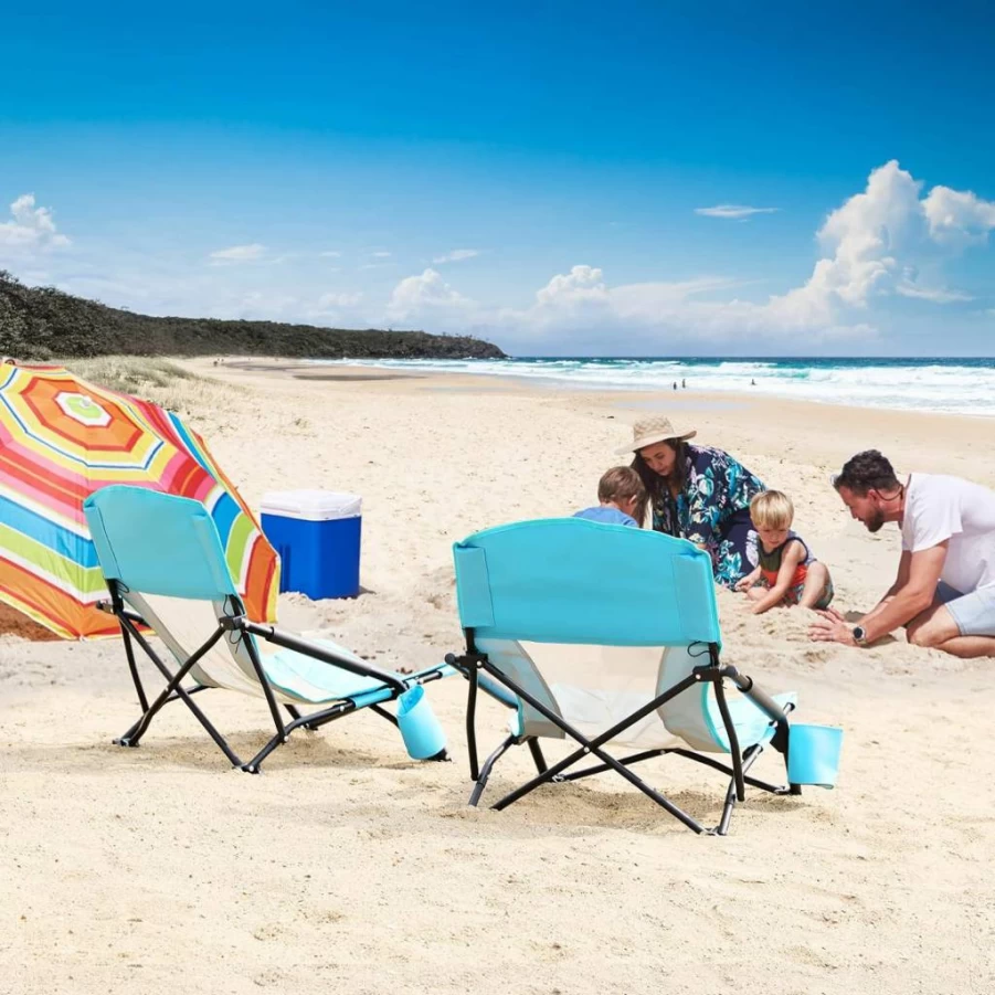 TOBTOS 2-Pack Low Beach Chairs for Adults - Heavy Duty Folding Lounge Chairs with Cup Holder & Carry Bag for Outdoor, Camping, Concert, Travel