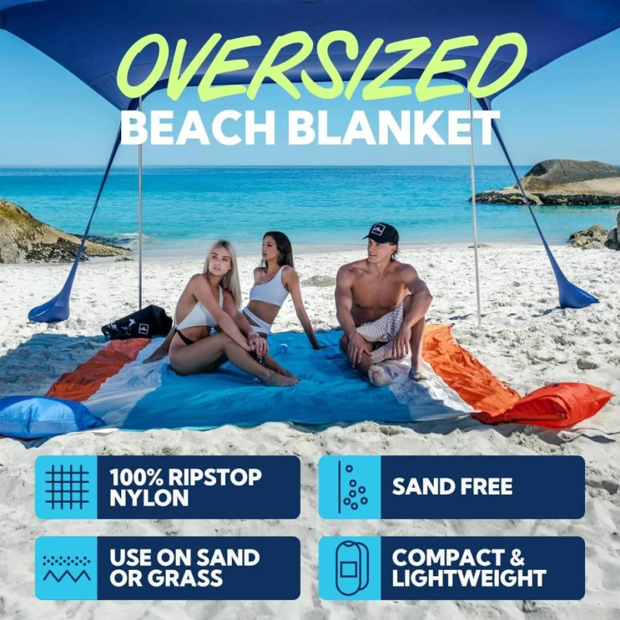 SUN NINJA 10ft x 9ft Sand-Free Beach Blanket with Storage Pouch, Sand Pockets, Stakes, Shoulder Strap & Bottle Opener - Lightweight Portable Outdoor Picnic Mat for Camping, Park, and Travel