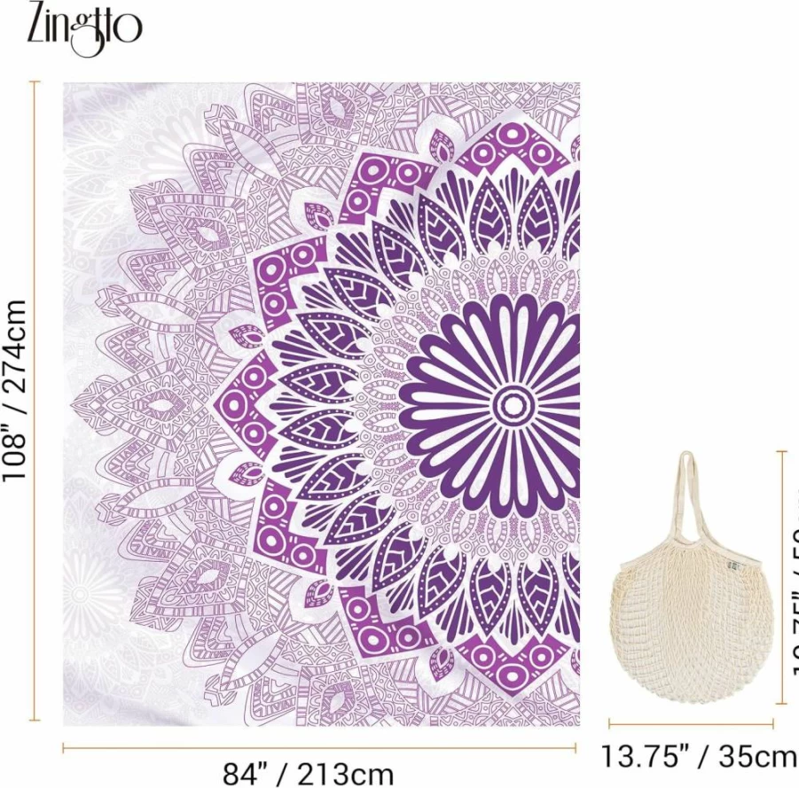 Zingtto Large Sand-Free Beach Blanket 108"X84" - Sand Proof Mat with Corner Pockets, Portable Mesh Bag for Travel, Camping, Outdoor Festivals, Boho Ombre Blue Mandala Design