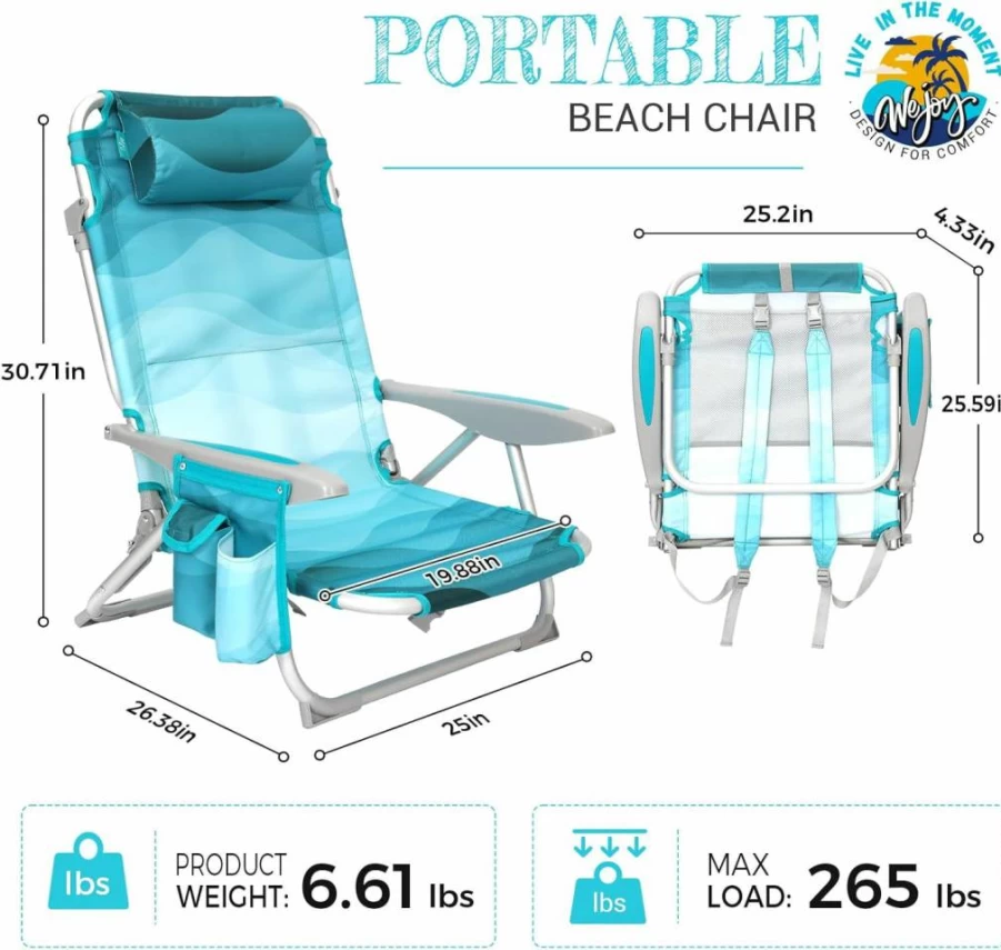 WEJOY 4-Position Aluminum Folding Beach Chair with Cup Holder, Padded Headrest & Shoulder Strap - Lightweight Portable Lawn Chair for Adults Supports 265lbs
