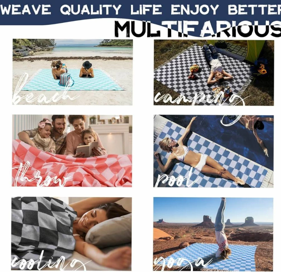 Genovega Oversized Checkered Beach Blanket - Giant Sandproof Quick-Dry Towel for Travel, Camping & Honeymoon, Lightweight Sand-Resistant Hawaiian Turkish Design