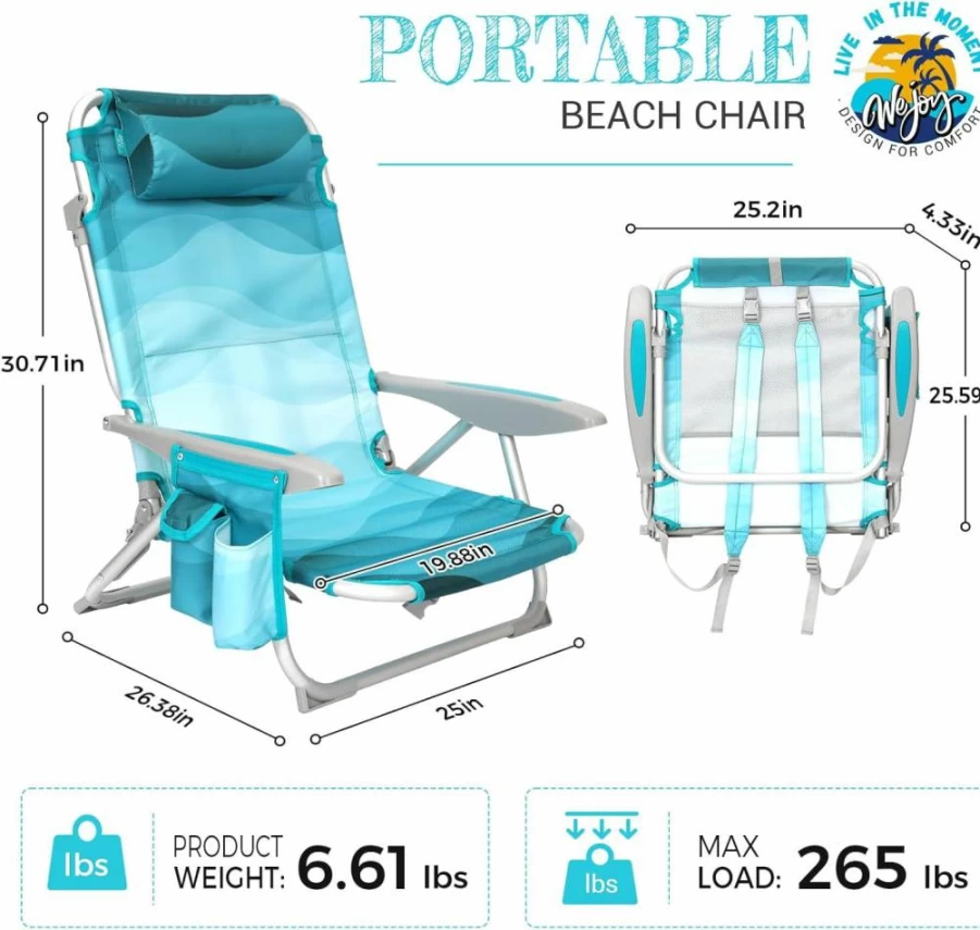 WEJOY 4-Position Aluminum Folding Beach Chair with Cup Holder, Padded Headrest & Shoulder Strap - Lightweight Portable Lawn & Sand Chair for Adults Supports 265lbs