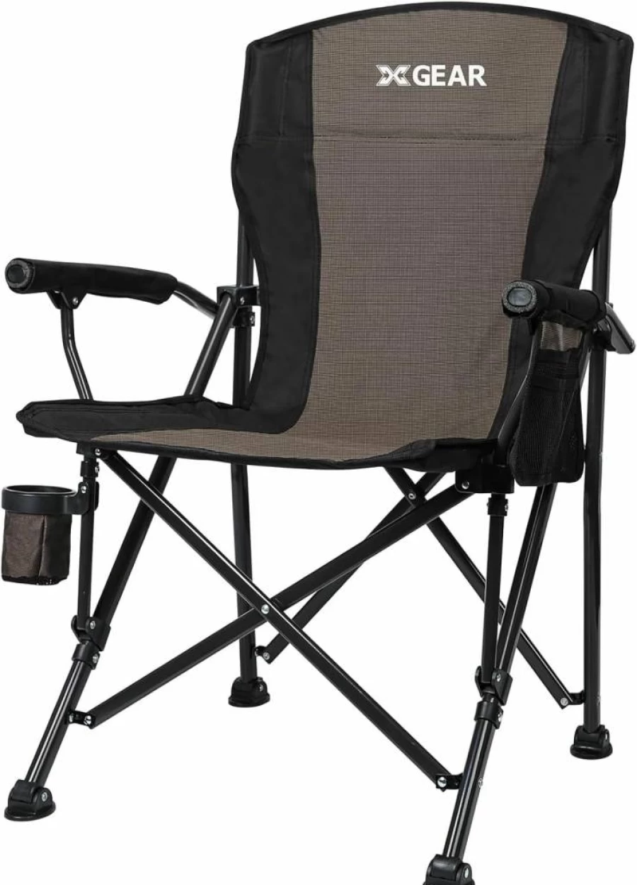 XGEAR Heavy Duty Camping Chair with Hard Armrests, High Back Support & Cup Holder – Portable Lawn Chair for Outdoor, Camping, Fishing, Hiking – Includes Carry Bag