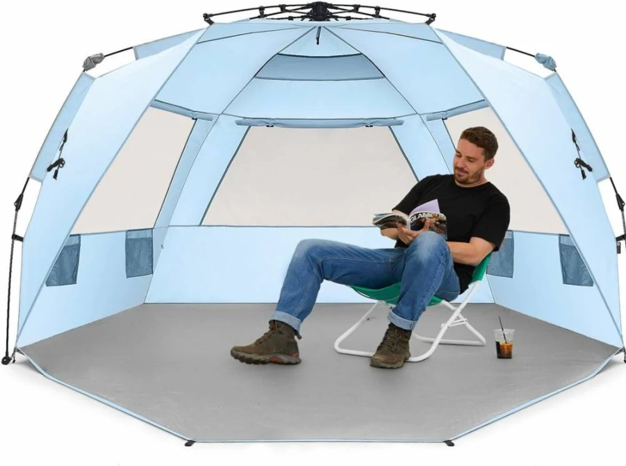 Easthills Outdoors Instant Beach Tent Sun Shelter - XL 99" Wide for 4-6 People, Easy Setup with Zippered Porch, Blue