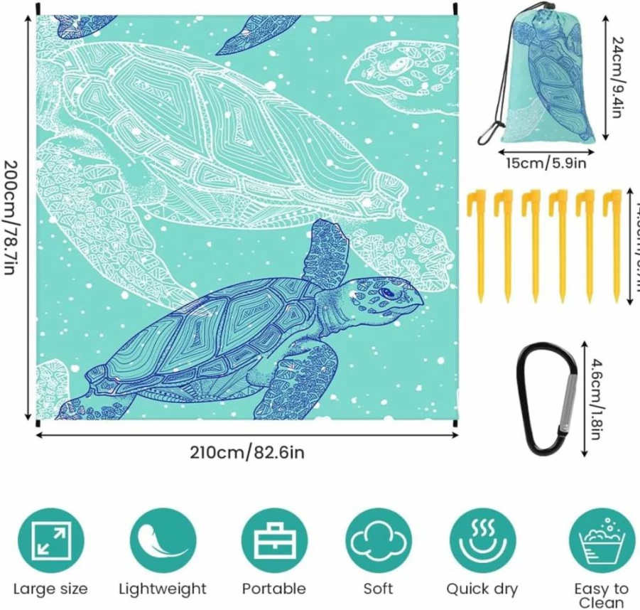 Ainiv Large Beach Blanket 210x200cm - Sandproof, Waterproof Picnic Mat for 4-6 People, Foldable Outdoor Camping Blanket with 6 Stakes for Beach, Hiking & Picnics