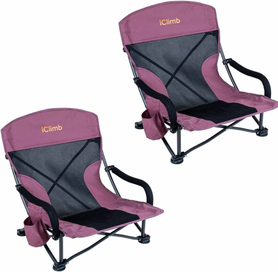 iClimb Folding Camping Chair with Side Pocket & Carry Bag - Lightweight Portable Low Beach Chair for Outdoor, Picnic, Travel (Dry Rose)
