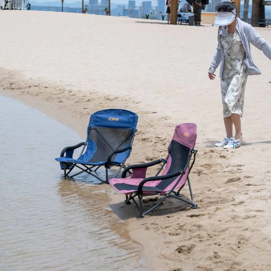 iClimb Folding Camping Chair with Side Pocket & Carry Bag - Lightweight Portable Low Beach Chair for Outdoor, Picnic, Travel (Dry Rose)
