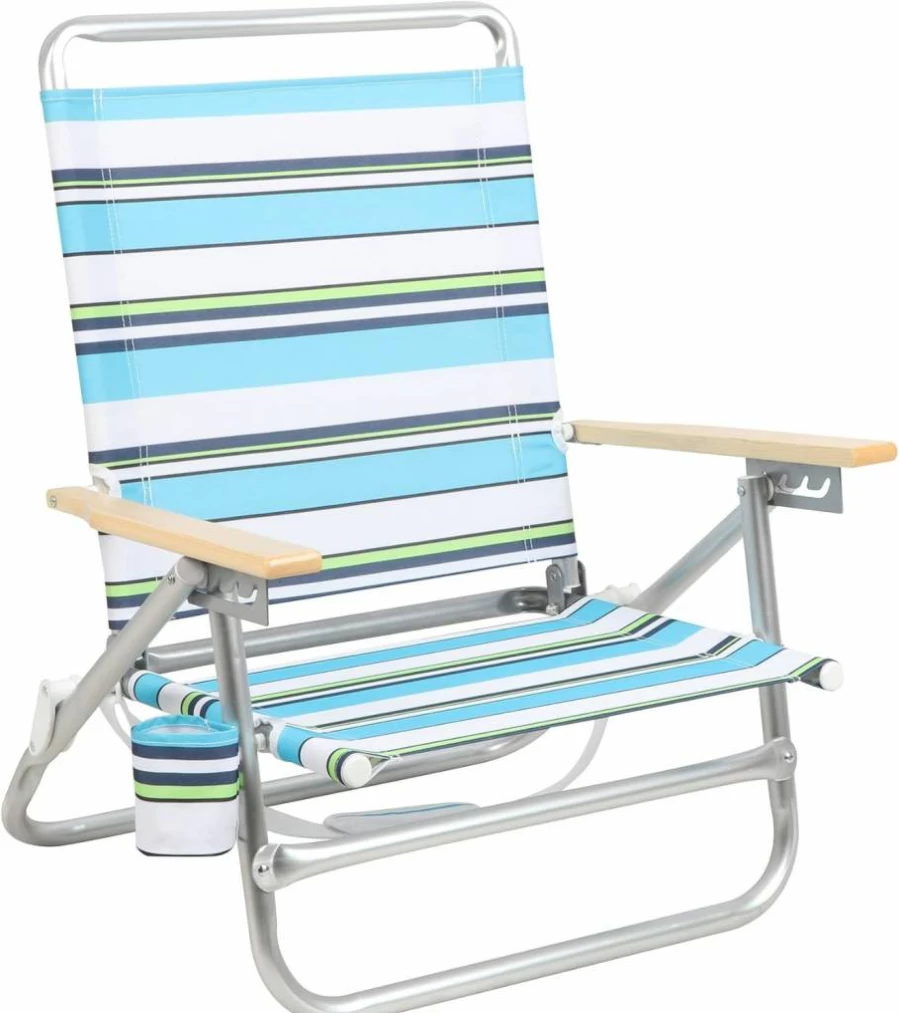 PORTAL Lightweight Aluminum Folding Camping Chair - 4 Position Recliner with Wood Armrests, Cup Holder & Carry Strap for Beach, Sand & Outdoor Use