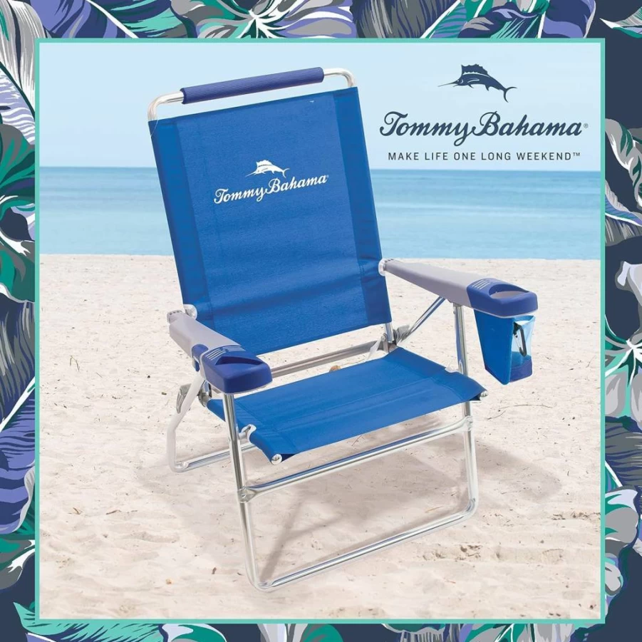 Tommy Bahama 2-Pack Highboy Beach Chairs with 15-Inch Seat Height, Cup Holder, Side Storage Pouch & Phone Holder