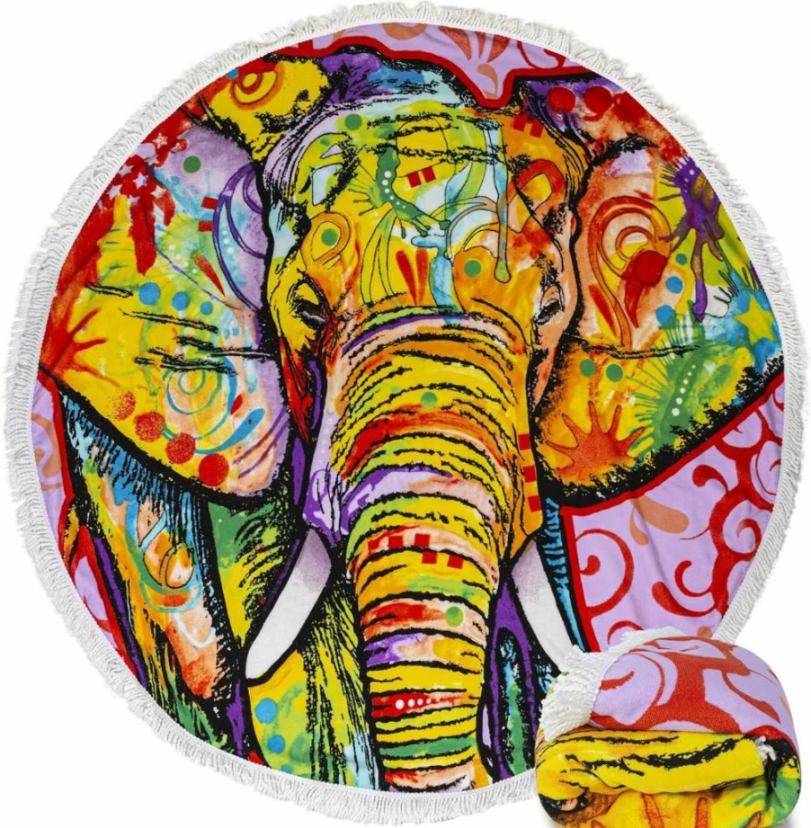 Dawhud Direct Round Beach Blanket 60x60 Inches, Soft Microfiber Cotton Picnic Towel with Fringe, Circular Meditation Mat & Mandala Tapestry, Plush Turtle Design Throw for Outdoor & Home Decor