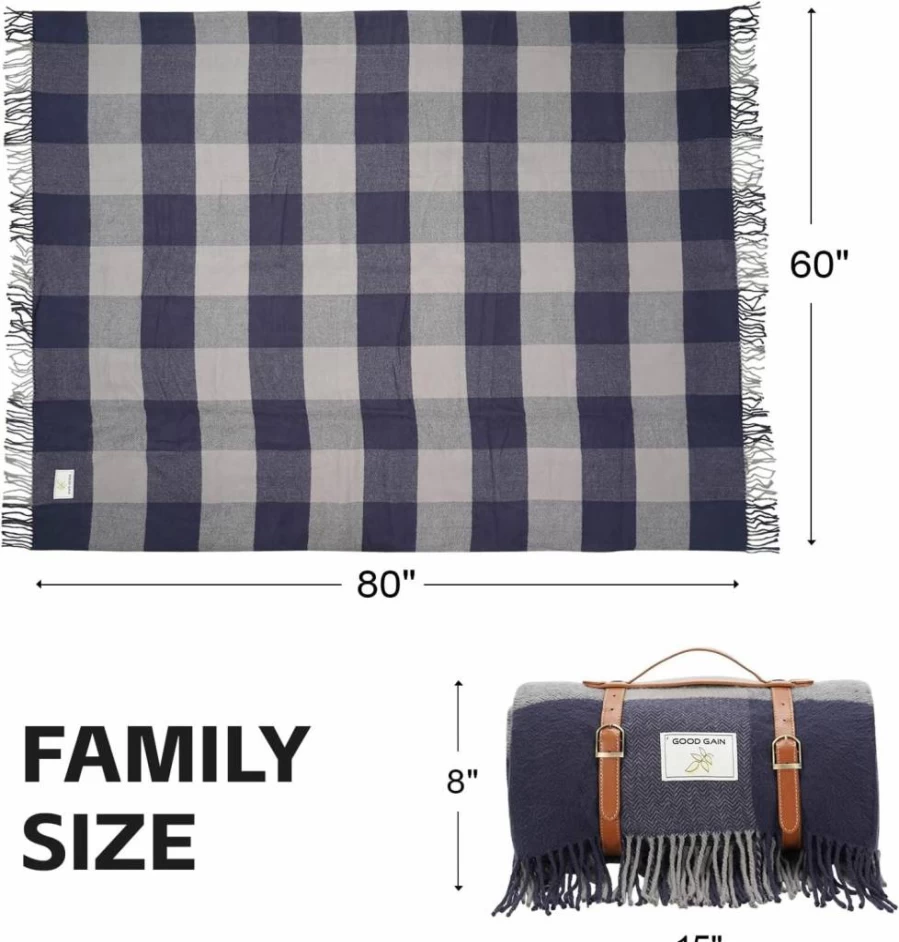 G GOOD GAIN Waterproof Picnic Blanket - Extra Large, Sand-Proof, Foldable Outdoor Blanket for Beach, Camping, Hiking, Park with PU Handles, Blue Check Pattern
