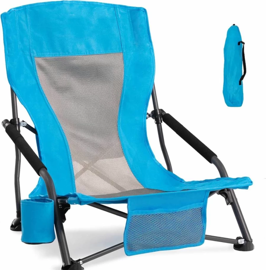 Foristrail 2-Pack Lightweight Beach Chairs for Adults - Portable Low Back Sling Camping Chairs with Cup Holder, 300Lbs Capacity - Ideal for Outdoor, Patio, Lawn, Concert & Travel (Light Blue)