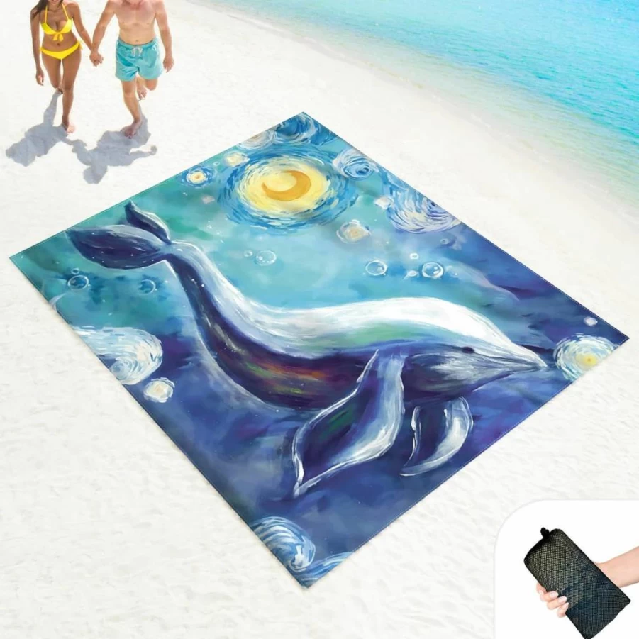 LKDiramio Waterproof Sand Proof Beach Blanket 100x80 Inch - Portable Picnic Mat with Corner Pockets & Carry Bag for Outdoor, Travel, Park - Blue Turtle Design