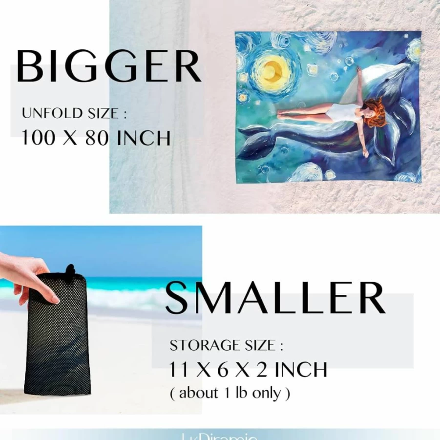 LKDiramio Waterproof Sand Proof Beach Blanket 100x80 Inch - Portable Picnic Mat with Corner Pockets & Carry Bag for Outdoor, Travel, Park - Blue Turtle Design