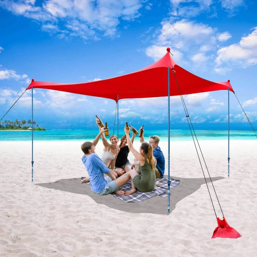 CROWN SHADES 10x10 Portable Beach Tent with UPF 50+ Sun Protection, Pop Up Camping Shelter for 2-4 People, Includes Adjustable Aluminum Poles and Extra Large Sand Shovel (Red)