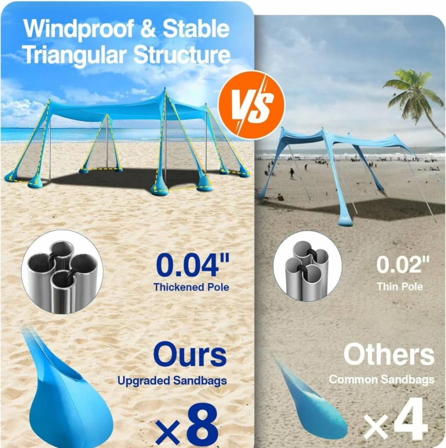 Rhino Valley UPF50+ Beach Canopy Tent - Portable Sun Shelter with Sandbags & Stability Poles for Camping, Fishing, Outdoor Shade