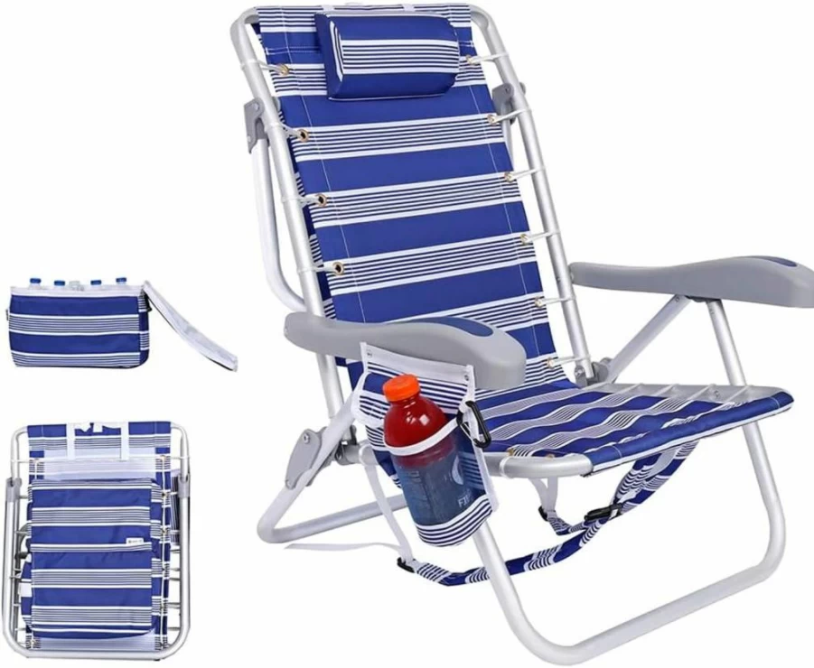 BeachMall Heavy Duty Aluminum Folding Beach Chair with 5 Reclining Positions, Removable Cooler Pouch & UV Canopy | Portable Low Seat Backpack Chair for Adults