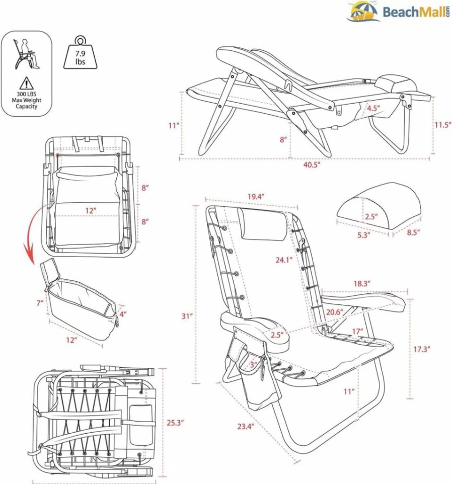 BeachMall Heavy Duty Aluminum Folding Beach Chair with 5 Reclining Positions, Removable Cooler Pouch & UV Canopy | Portable Low Seat Backpack Chair for Adults