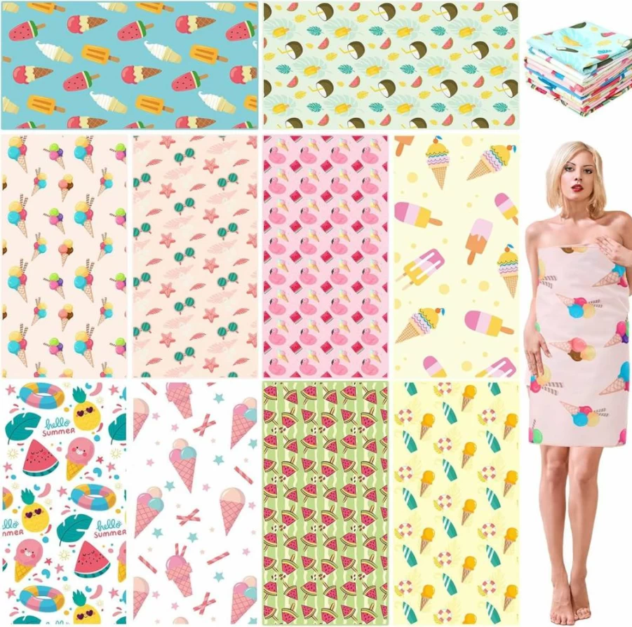 FuWeave 10 Pack Microfiber Beach Towels 28x55 Inches - Oversized Quick Dry, Sand Free, Lightweight Towels for Swimming, Pool, Camping, Travel, Picnic - Ideal for Adults & Women (Ice Cream Design)