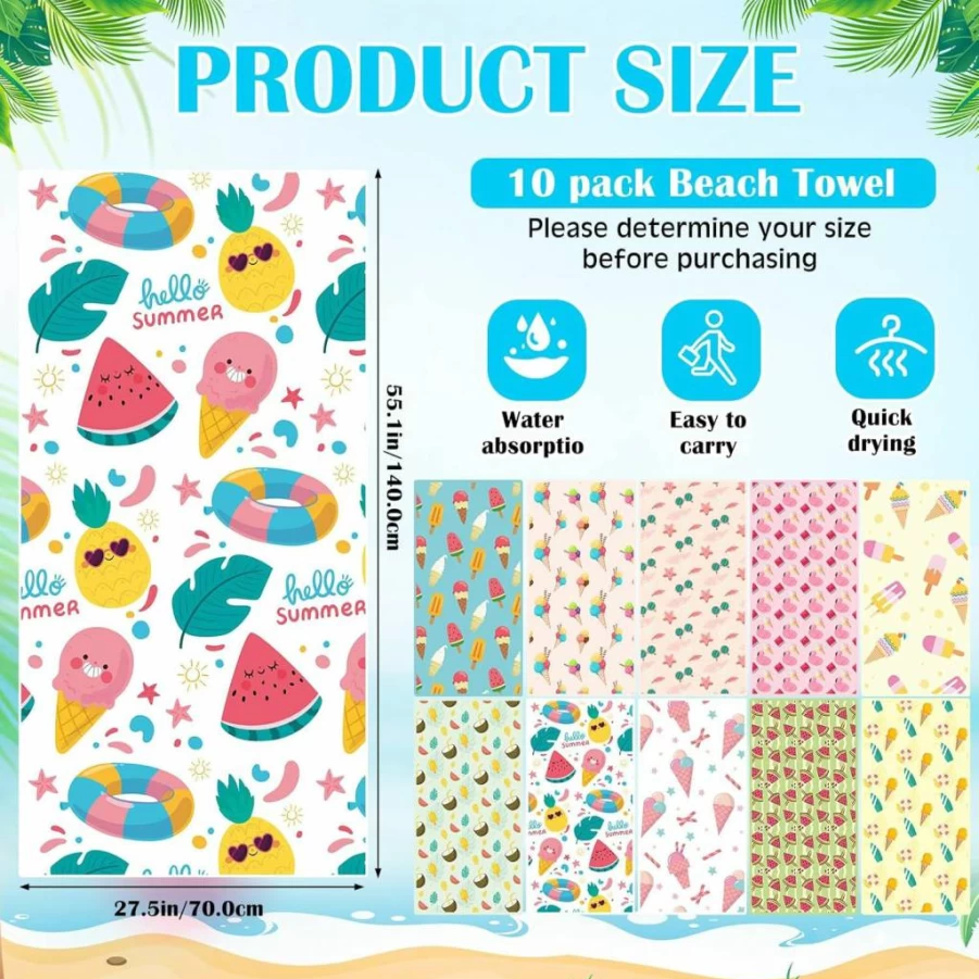 FuWeave 10 Pack Microfiber Beach Towels 28x55 Inches - Oversized Quick Dry, Sand Free, Lightweight Towels for Swimming, Pool, Camping, Travel, Picnic - Ideal for Adults & Women (Ice Cream Design)