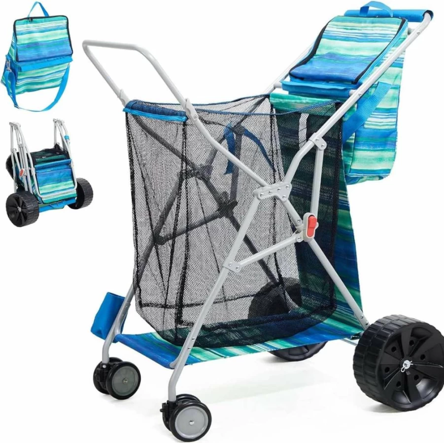 Old Bahama Bay All-Terrain Beach Wagon Cart - Heavy Duty 100Lbs Capacity, Large Wheels for Sand, Collapsible Design with Cooler Bag, Umbrella Holder & Mesh Storage for Camping, Outdoor, Shopping (Blue/Grey)