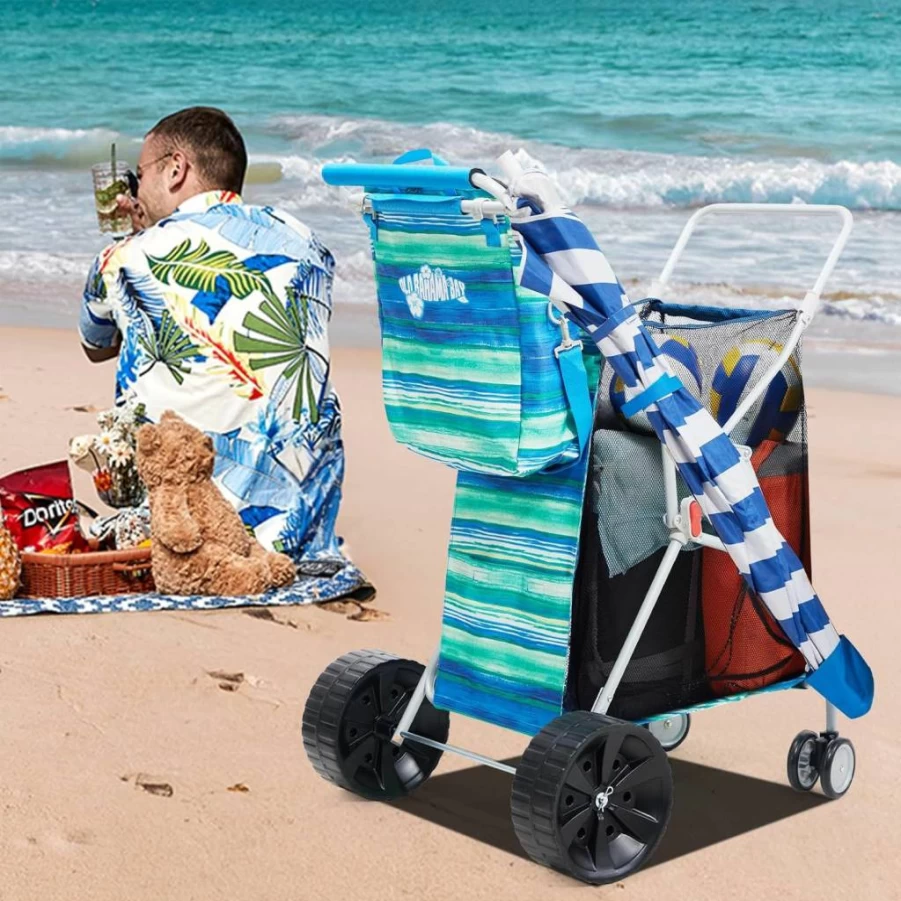 Old Bahama Bay All-Terrain Beach Wagon Cart - Heavy Duty 100Lbs Capacity, Large Wheels for Sand, Collapsible Design with Cooler Bag, Umbrella Holder & Mesh Storage for Camping, Outdoor, Shopping (Blue/Grey)