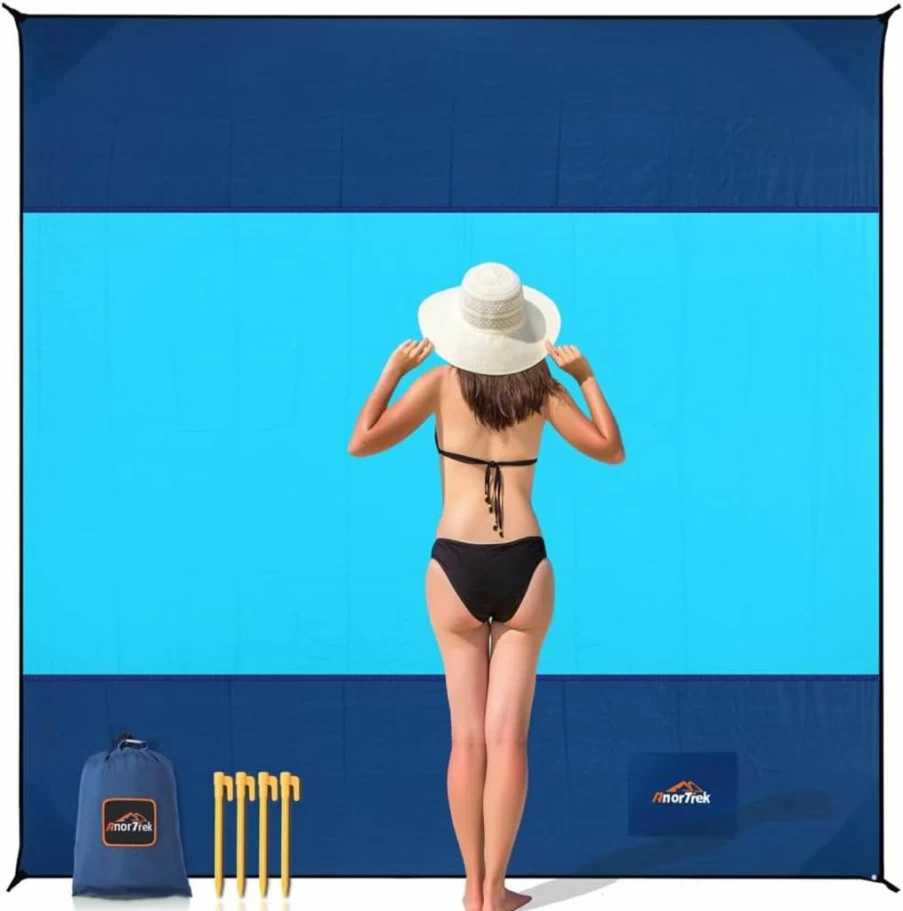 AnorTrek Extra Large 10x10 Ft Sandproof Beach Blanket - Quick Dry, Lightweight, Durable for Beach, Yard, Park - Sky Blue, Blue & Dark Blue Sand Free Mat (Fits 1-9 People)