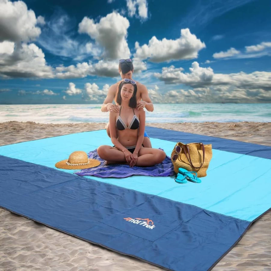 AnorTrek Extra Large 10x10 Ft Sandproof Beach Blanket - Quick Dry, Lightweight, Durable for Beach, Yard, Park - Sky Blue, Blue & Dark Blue Sand Free Mat (Fits 1-9 People)