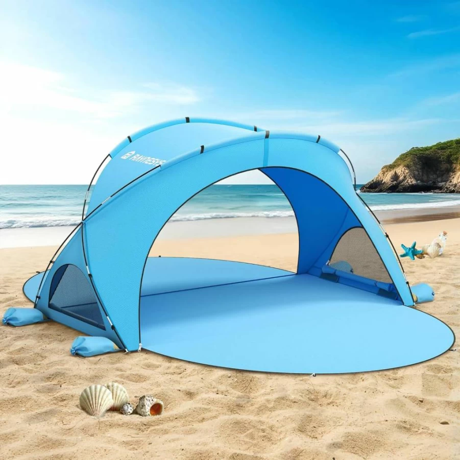 Raynesys UPF50+ Beach Tent Sun Shelter - Portable Sun Shade with 2 Zippered Doors for Camping, Fishing & Outdoor Activities