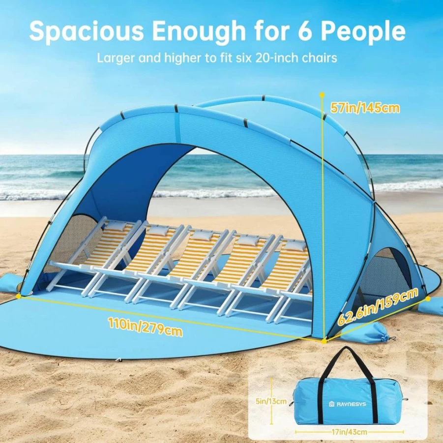 Raynesys UPF50+ Beach Tent Sun Shelter - Portable Sun Shade with 2 Zippered Doors for Camping, Fishing & Outdoor Activities