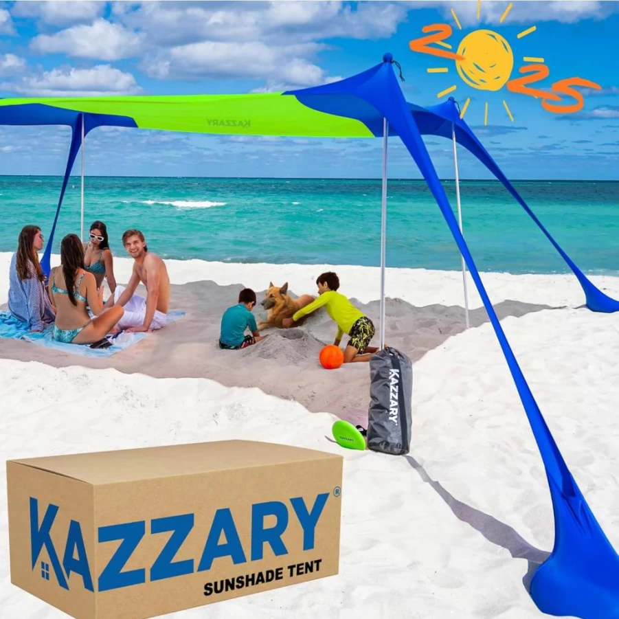 KAZZARY Beach Tent Sun Shelter UPF 50+ with Sandbags, 4 Stability Poles & Ground Pegs, Includes Flying Disc & Sand Shovel, Lightweight 7ft Canopy for Camping, Sports, Outdoor Activities