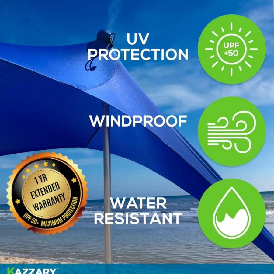 KAZZARY Beach Tent Sun Shelter UPF 50+ with Sandbags, 4 Stability Poles & Ground Pegs, Includes Flying Disc & Sand Shovel, Lightweight 7ft Canopy for Camping, Sports, Outdoor Activities