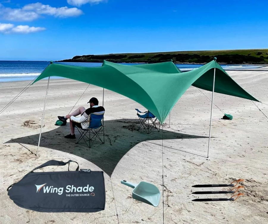 The Outer Source 10x10 Portable Beach Tent - Instant Pop Up Sun Shelter for Sand & Grass, Windproof Canopy with 4 Poles & 8 Sandbags, Ideal for Outdoor Picnics, Beach Shade, Camping & Backyard
