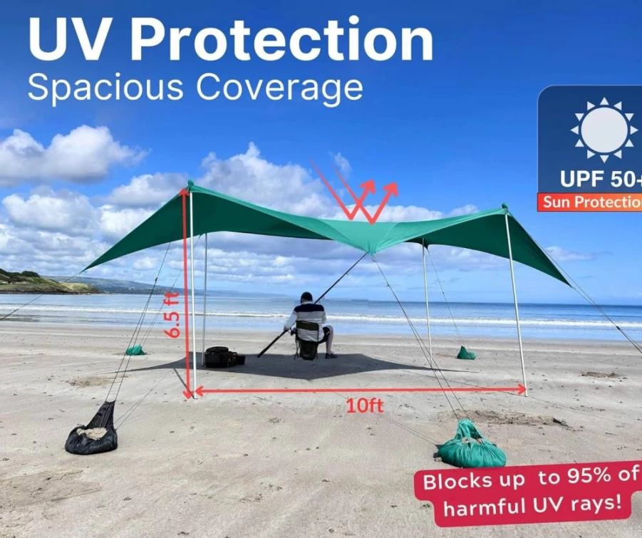The Outer Source 10x10 Portable Beach Tent - Instant Pop Up Sun Shelter for Sand & Grass, Windproof Canopy with 4 Poles & 8 Sandbags, Ideal for Outdoor Picnics, Beach Shade, Camping & Backyard