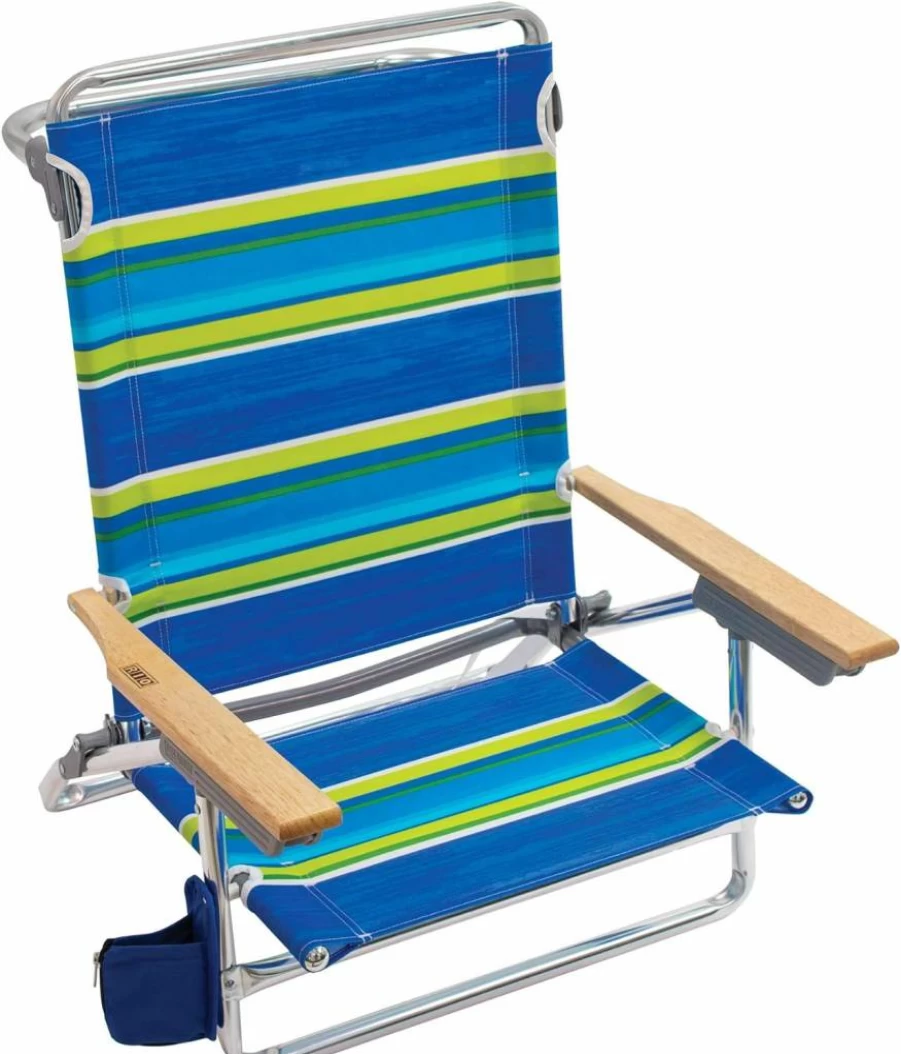 Rio Brands 5-Position Lay-Flat Folding Beach Chair - Adjustable Portable Lounge Chair with Cool Blue Stripes (Pink/White/Beige/Black) 30.8 x 24.75 x 29.5 Inches