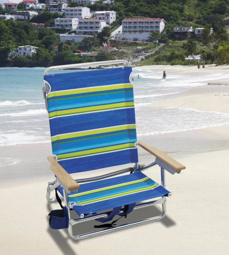 Rio Brands 5-Position Lay-Flat Folding Beach Chair - Adjustable Portable Lounge Chair with Cool Blue Stripes (Pink/White/Beige/Black) 30.8 x 24.75 x 29.5 Inches