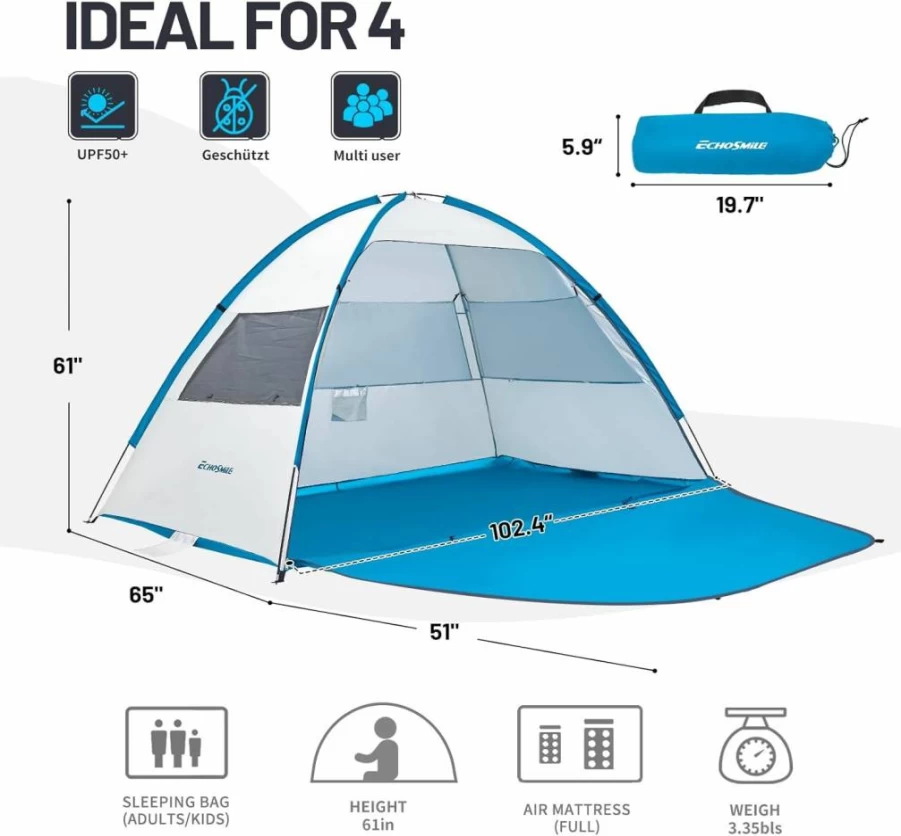 EchoSmile UPF 50+ Portable Beach Tent Sun Shelter – Lightweight Cabana for 3-4 People, Easy Setup Sun Shade for Outdoor Activities