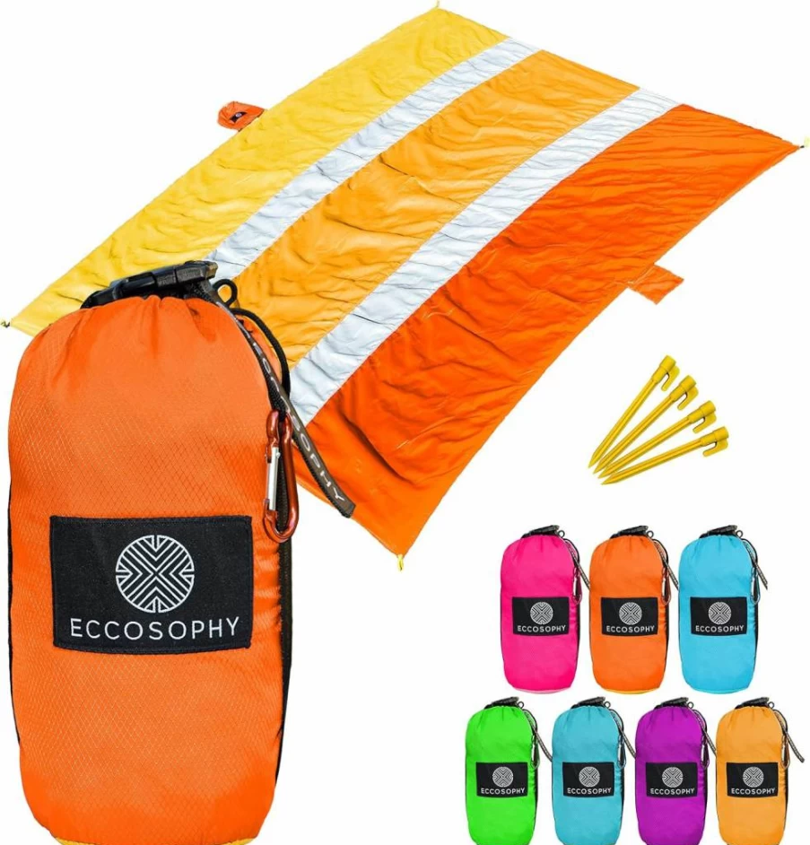 ECCOSOPHY Oversized 9'x10' Sandproof Beach Blanket - Lightweight, Quick-Drying Picnic Mat with Sand Anchors & Heat-Resistant Fabric for Outdoor Use