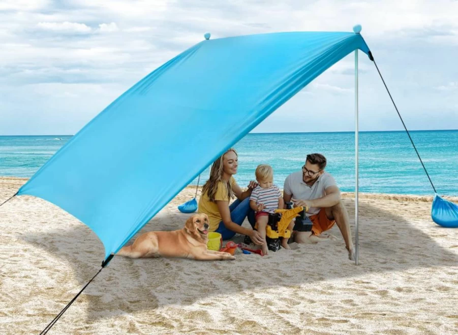 Vilupvie 10x10FT UPF50+ Beach Tent Sun Shelter – Portable Pop Up Canopy for 8 People, Includes 4 Sandbags & 2 Stability Poles, Ideal for Camping, Fishing, Picnics (Turquoise)