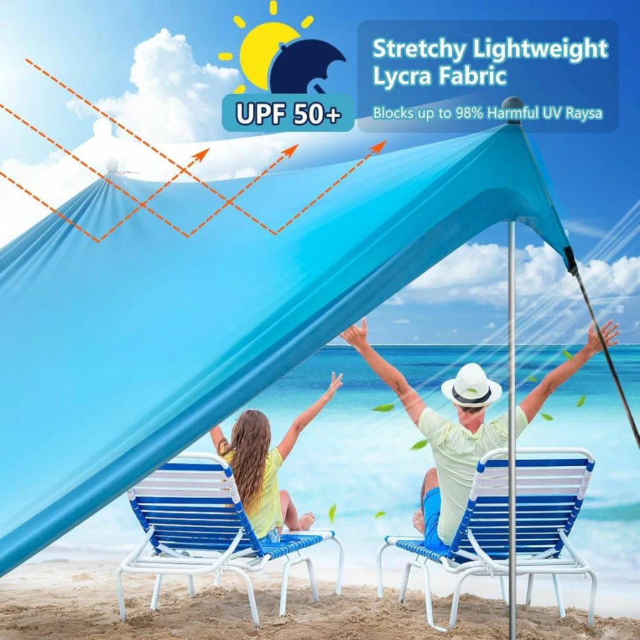 Vilupvie 10x10FT UPF50+ Beach Tent Sun Shelter – Portable Pop Up Canopy for 8 People, Includes 4 Sandbags & 2 Stability Poles, Ideal for Camping, Fishing, Picnics (Turquoise)