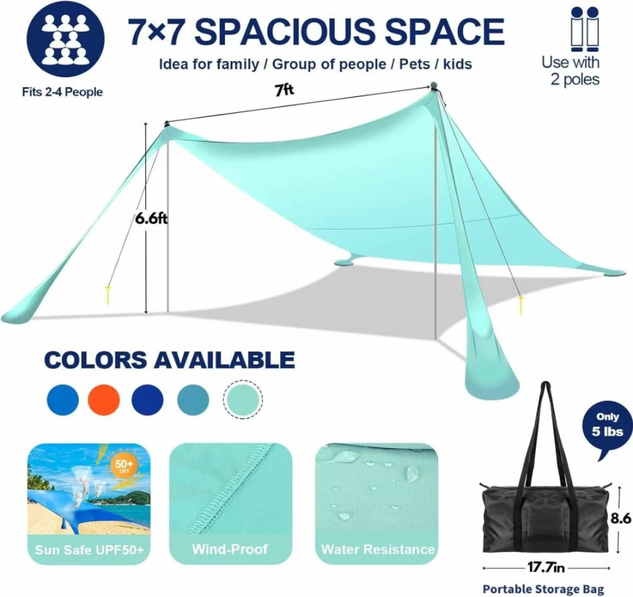 Kegemor 10x10 FT UPF 50+ Beach Tent Sun Shelter - Portable Pop Up Canopy for Camping, Fishing, Picnics - Windproof with Sand Shovel & Carrying Bag