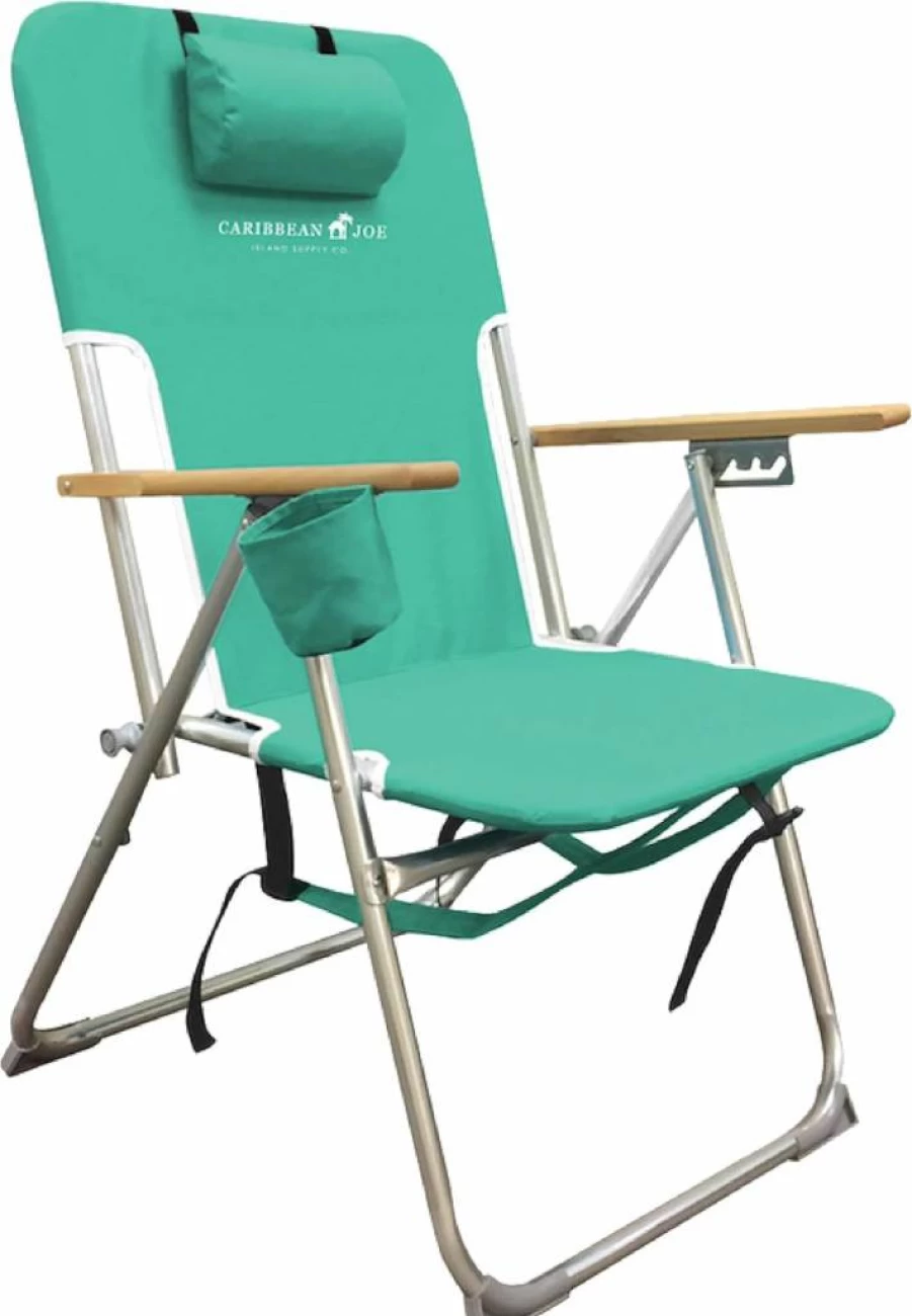 CARIBBEAN JOE 4-Position Folding Beach Chair with Headrest, Cup Holder & Wooden Armrests - Portable Backpack Camping Chair Supports 300 lbs