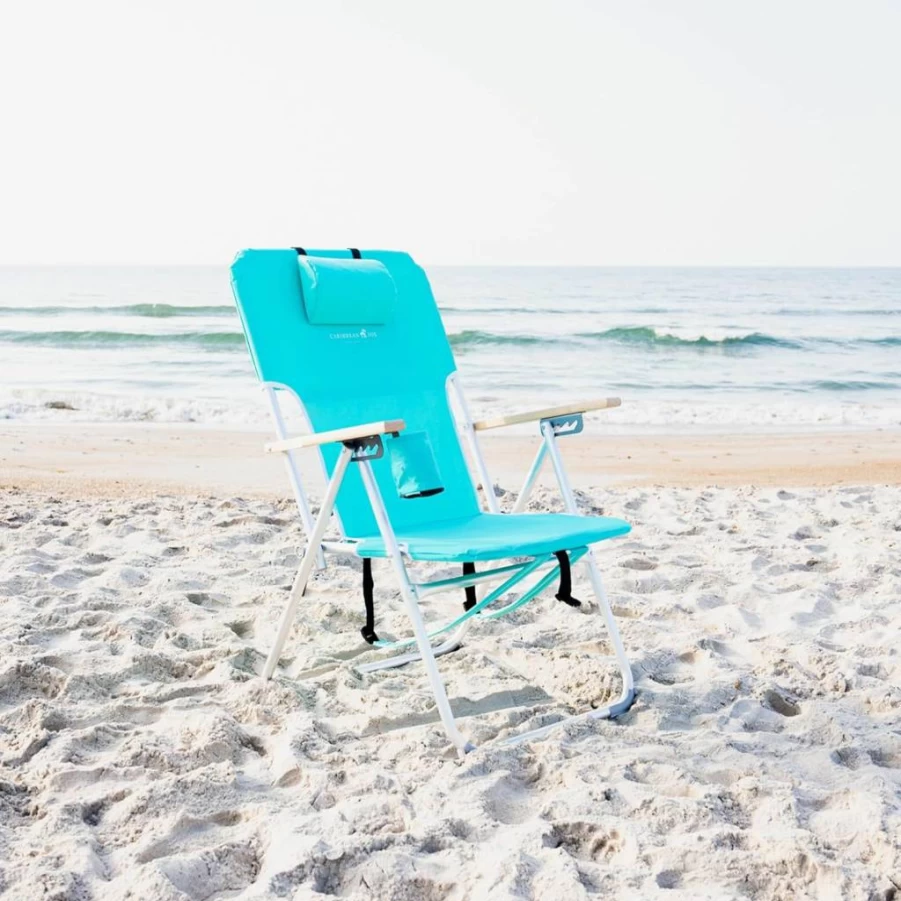 CARIBBEAN JOE 4-Position Folding Beach Chair with Headrest, Cup Holder & Wooden Armrests - Portable Backpack Camping Chair Supports 300 lbs