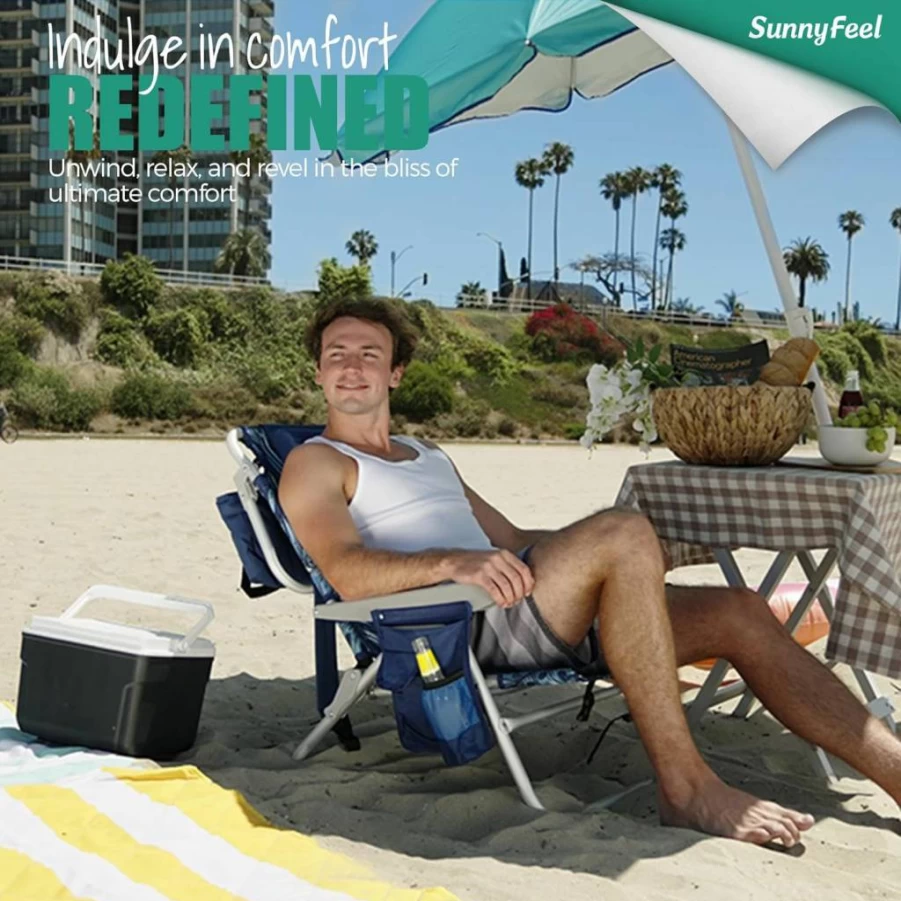 SUNNYFEEL Oversized 28" Wide Portable Folding Beach Chair - 5-Position Recliner, Lightweight Camping Chair with Cup Holder & Backpack Straps for Adults, Outdoor, Travel, Picnics