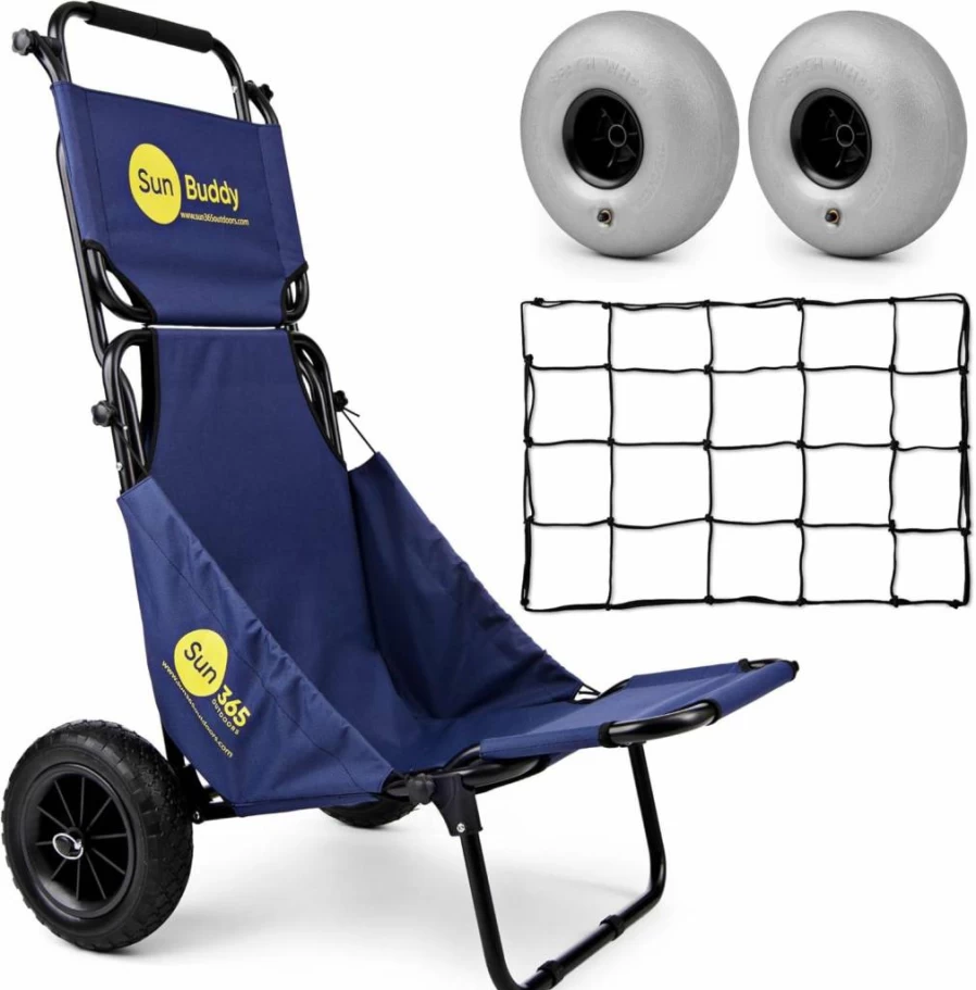 Sun Buddy Foldable Beach Cart with Canopy - All Terrain Puncture Proof Wheels, Luggage Rack & Cargo Net - 200LBS Capacity for Fishing, Picnics, Outdoor Events
