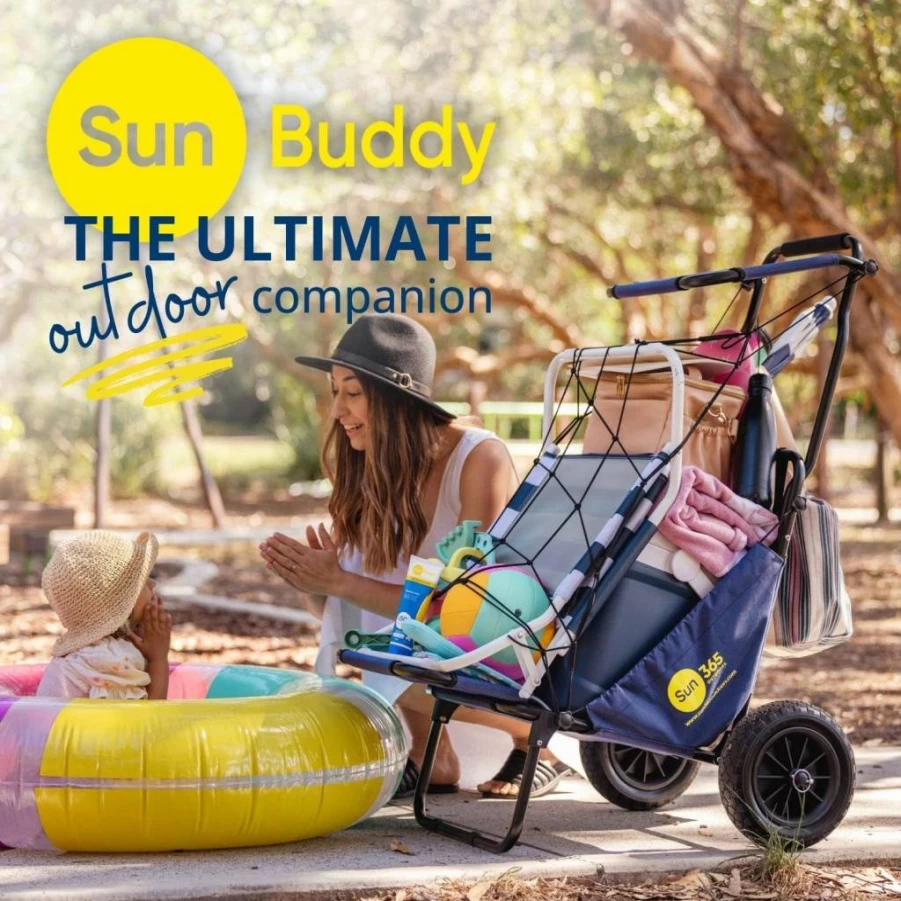 Sun Buddy Foldable Beach Cart with Canopy - All Terrain Puncture Proof Wheels, Luggage Rack & Cargo Net - 200LBS Capacity for Fishing, Picnics, Outdoor Events