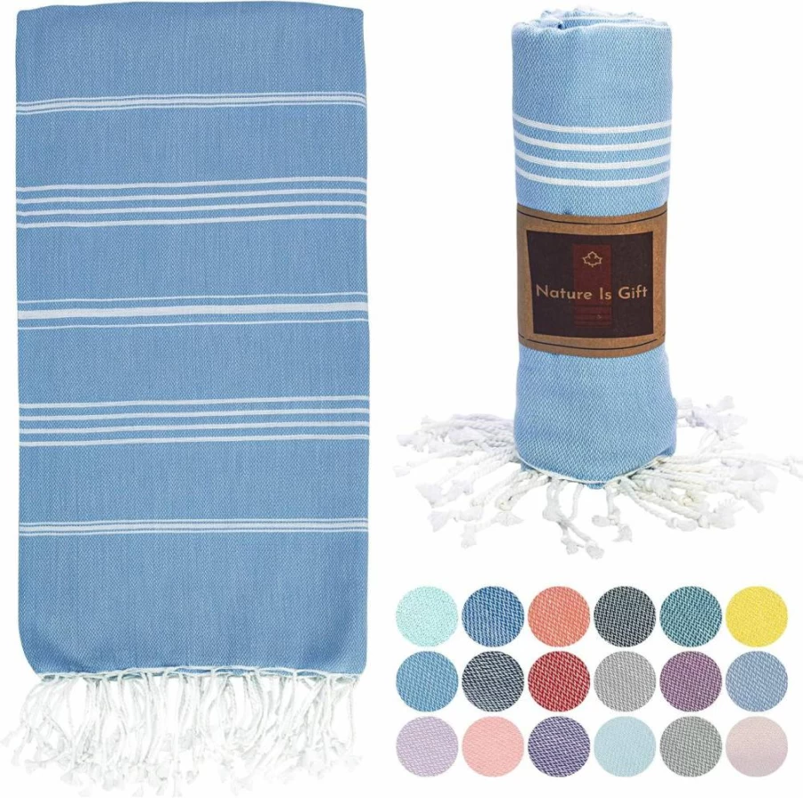 Nature Is Gift 100% Cotton Turkish Beach Towel - Extra Large 38x70 Inch, Pre-Washed, Super Absorbent, Quick Dry, Sand Free - Ideal for Travel, Camping, Spa, Yoga - Lightweight Aqua Blue Blanket