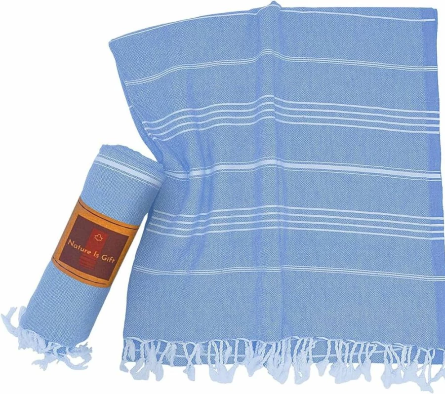 Nature Is Gift 100% Cotton Turkish Beach Towel - Extra Large 38x70 Inch, Pre-Washed, Super Absorbent, Quick Dry, Sand Free - Ideal for Travel, Camping, Spa, Yoga - Lightweight Aqua Blue Blanket