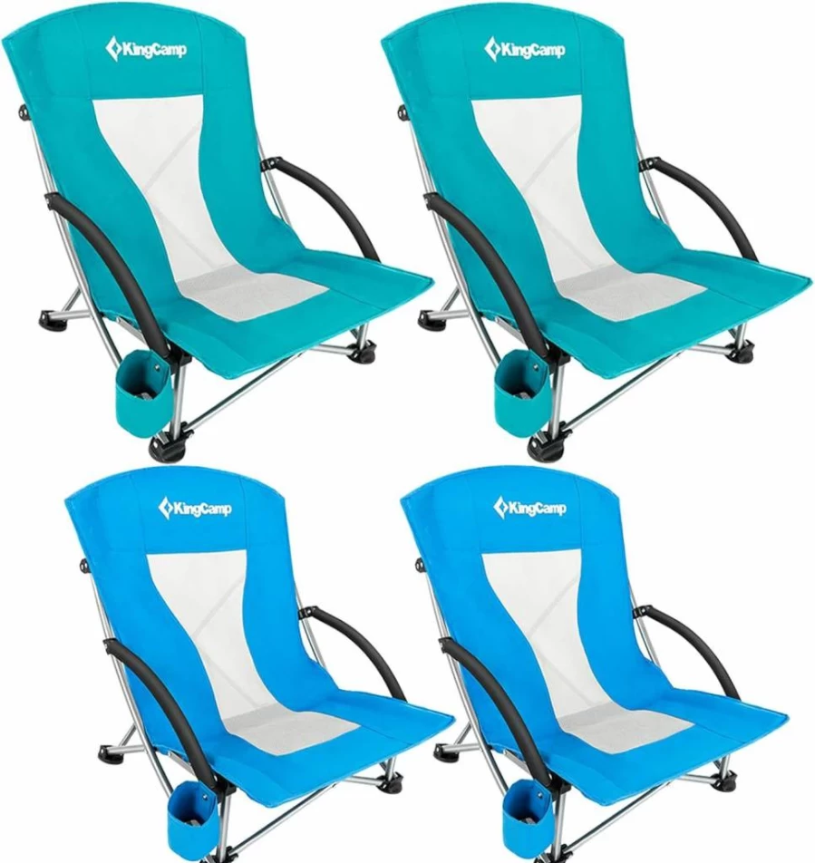 KingCamp Low Back Beach Chairs 4-Pack - Lightweight Portable Folding Chairs in Blue & Rose Red for Outdoor Relaxation