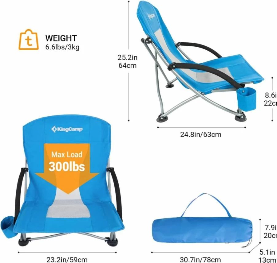 KingCamp Low Back Beach Chairs 4-Pack - Lightweight Portable Folding Chairs in Blue & Rose Red for Outdoor Relaxation